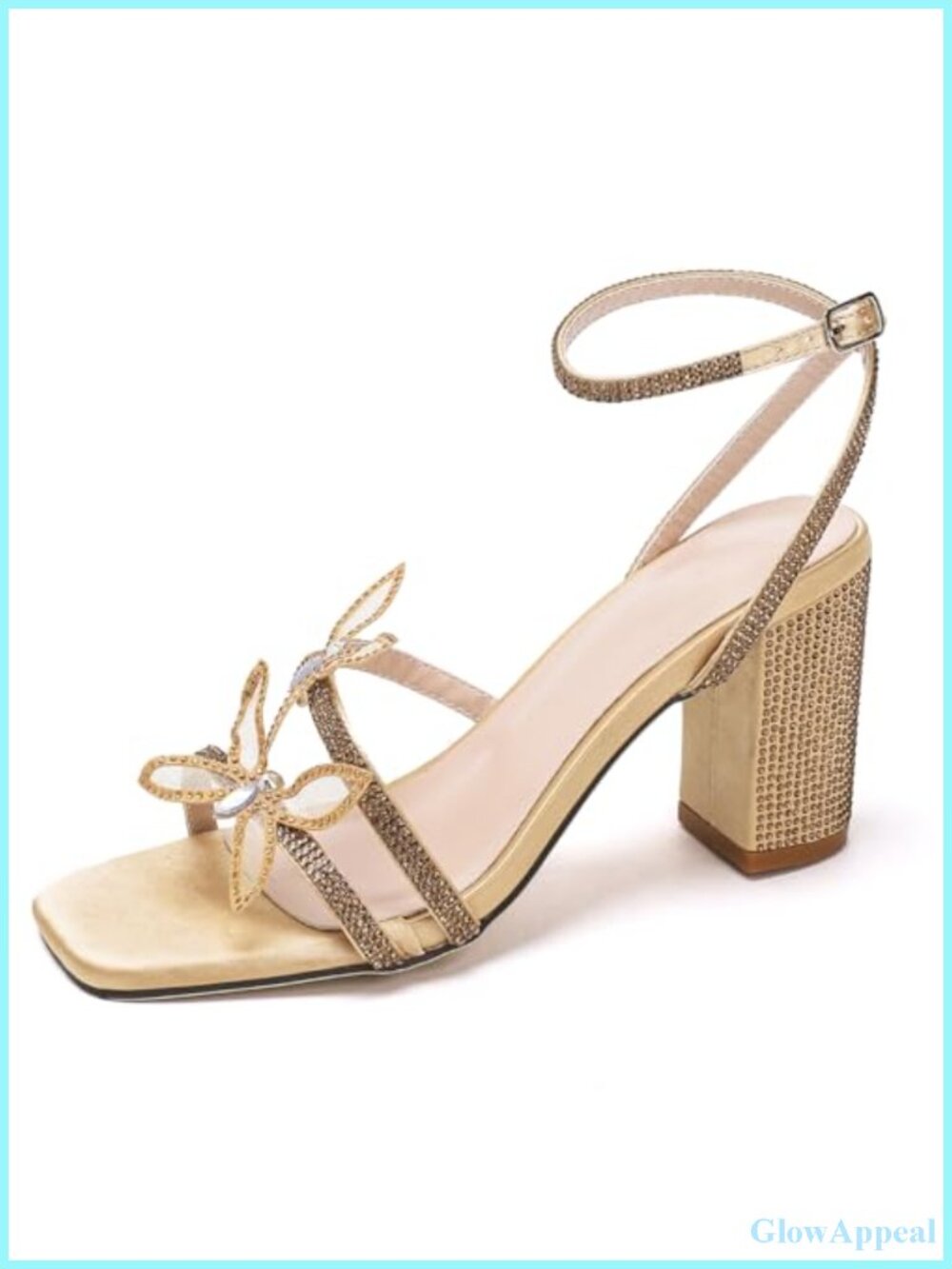 GATUXUS Women's Rhinestone Butterfly Chunky Heel Sandals Ankle Strappy